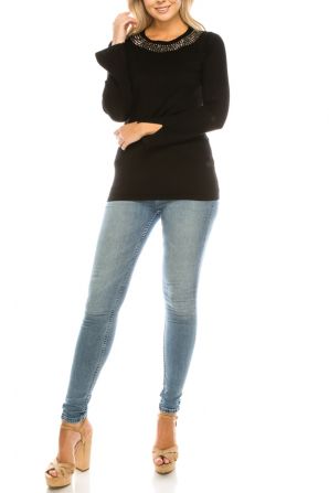 Vila Milano Cotton Blend Sweater with Studded Neckline