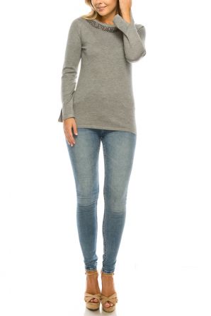 Vila Milano Cotton Blend Sweater with Studded Neckline