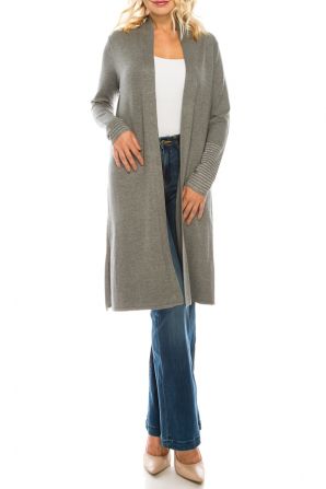 Vila Milano Cotton Blend Longline Cardigan with Silver Striped Sleeve Ends