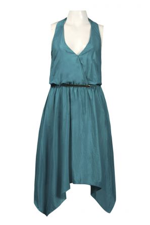 Vince Camuto Halter Neckline Handkerchief Hem Belted Satin Chiffon Dress