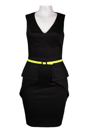 Vince Camuto V-Neckline Pleated Side Cotton Sheath Dress with Neon Belt