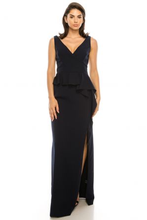 Vince Camuto Navy Sleeveless Surplice Peplum Long Dress with Slit