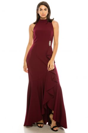 Vince Camuto Wine Mock Neck Embellished Draped Trumpet Long Dress