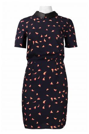 Walter Baker Half Sleeve Faux Leather Collar Printed Crepe Dress