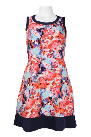Walter Baker Round Neckline Multi Abstract Print Flared Hem Crepe Dress
