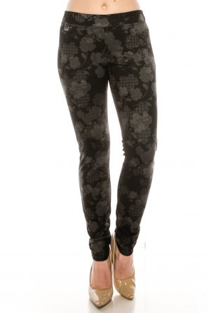 Zac & Rachel Black Grey Floral Print Figure Defining Legging Pants