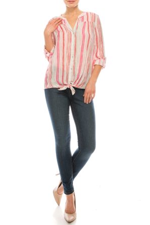 Zac & Rachel Coral Pink Striped Button Down Tunic Top