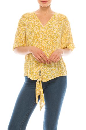 Zac & Rachel Gold White Print Front Tie Top