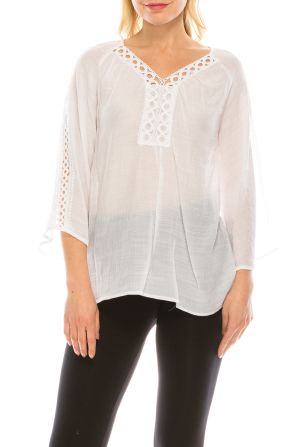 Zac & Rachel Bright White Woven Blouse with Embroidered Trims