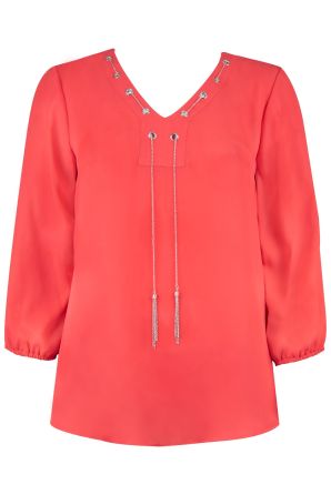 Zac & Rachel Bracelet Sleeve Chain Detail V-Neck Crepe Blouse