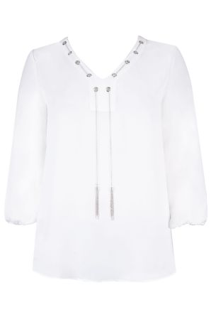 Zac & Rachel Bracelet Sleeve Chain Detail V-Neck Crepe Blouse