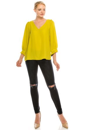 Zac & Rachel V-Neck 3/4 Flutter Sleeve Crepe Chiffon Top