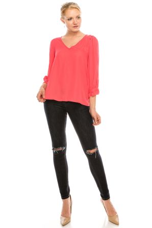 Zac & Rachel V-Neck 3/4 Flutter Sleeve Crepe Chiffon Top