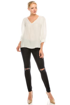 Zac & Rachel V-Neck 3/4 Flutter Sleeve Crepe Chiffon Top