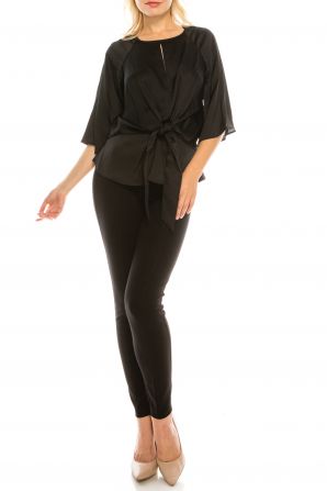 Zac & Rachel Black Satin Crepe Tie Peplum Blouse